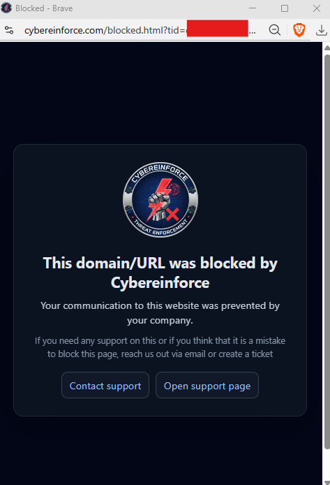 The Cybereinforce block page shown instead of the Microsoft device code sign-in page